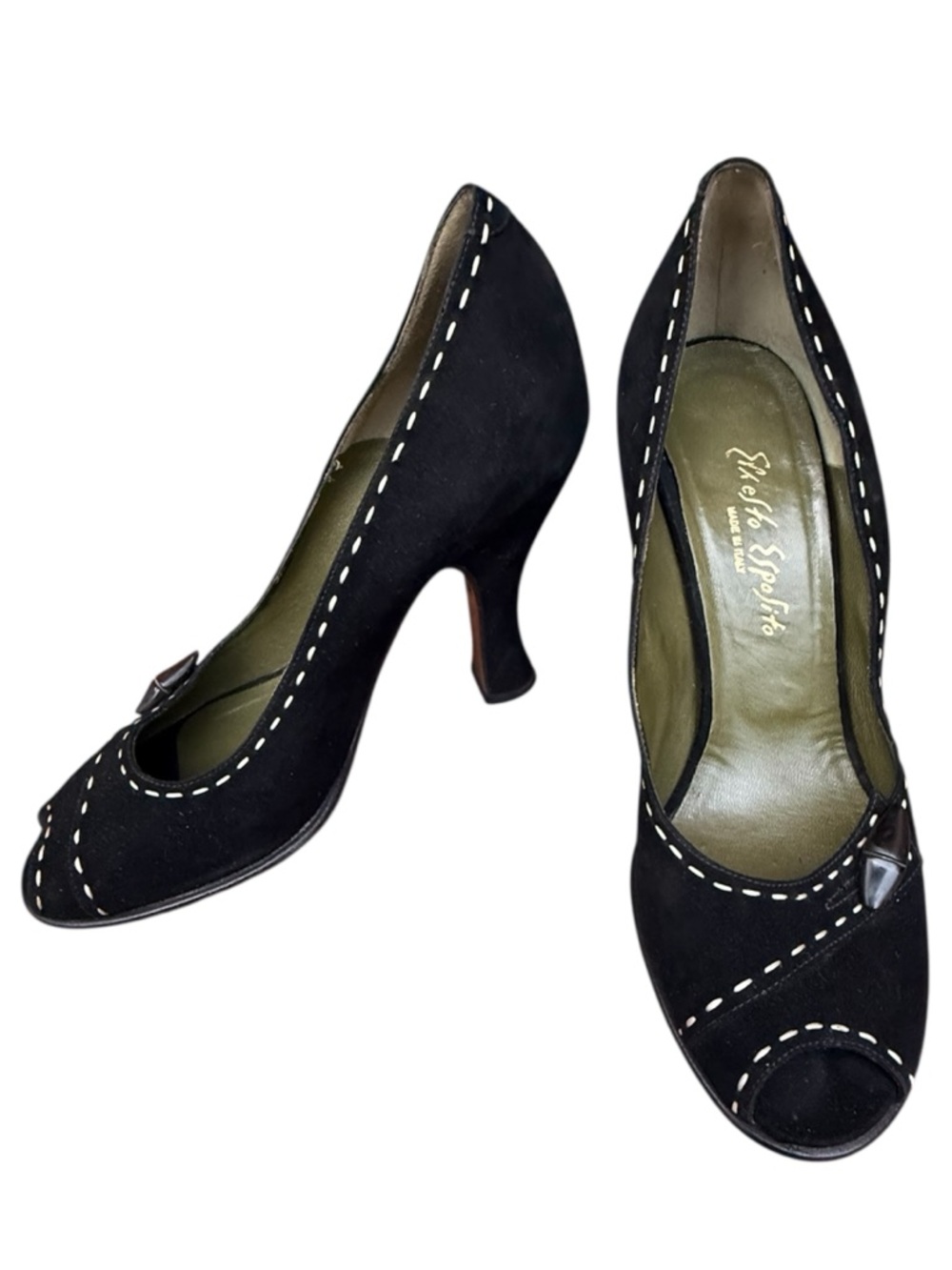 Vintage Ernesto Esposito black velvet white stitch peep toe heels 38